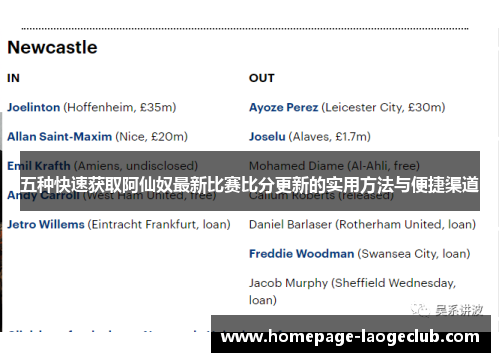 五种快速获取阿仙奴最新比赛比分更新的实用方法与便捷渠道