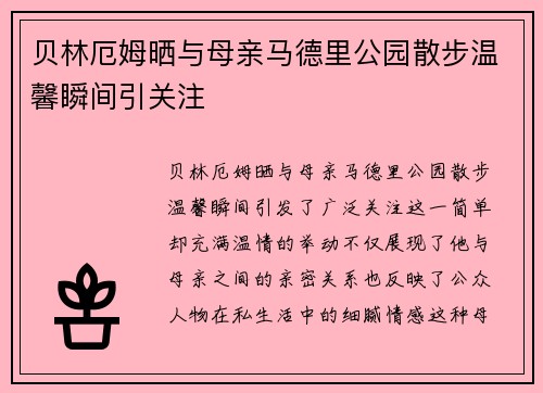 贝林厄姆晒与母亲马德里公园散步温馨瞬间引关注