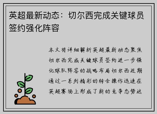英超最新动态:切尔西完成关键球员签约强化阵容 英超最新动态:切尔西完成关键球员签约强化阵容