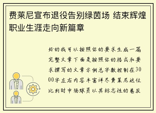 费莱尼宣布退役告别绿茵场 结束辉煌职业生涯走向新篇章 费莱尼宣布退役告别绿茵场 结束辉煌职业生涯走向新篇章